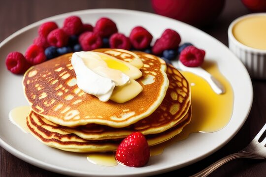 High-Resolution Image of a Tasty Pancake Stack Topped with Fruit, Honey, and Maple Syrup Showcasing the Sweetness of Pancakes. Perfect for Adding a Touch of Color and Goodness to any Design Project
