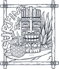 Tiki mask surfing hawaii print. Cocktail and wave for t-shirt design. Tropical surfbord or surf board and pineapple for tiki bar or beach bar