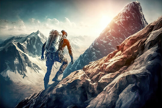 Bergsteiger in den Bergen Alpen Mountain Digital Art Abstrakte Illustration Generative Ai Hintergrund Background Cover Magazin