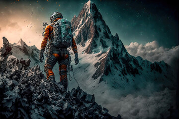 Fototapeta premium Bergsteiger in den Bergen Alpen Mountain Digital Art Abstrakte Illustration Generative Ai Hintergrund Background Cover Magazin