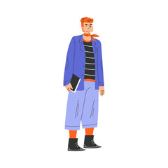 Typical French Man Character in Blue Jacket Standing and Winking Vector Illustration
