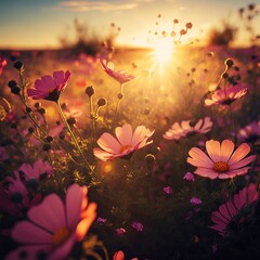 A field of vibrant cosmos flowers, with the golden hour sun casting a warm and inviting light
