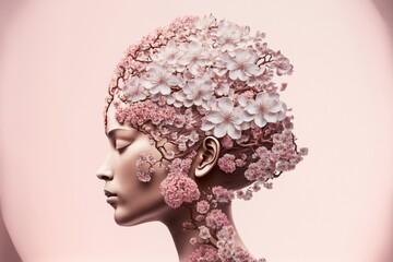 "Cherry Blossom-Head" with delicate pink petals arranged in the shape of a human head and face in the center.