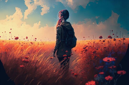 A woman stands in a field of red flowers, back to the viewer, with a blue sky behind her. The image inspires hope, growth, and bravery for one's journey.




