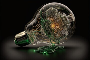  a light bulb with a city inside of it on a black background with a green wire running through the bulb and a black background with a green light.  generative ai