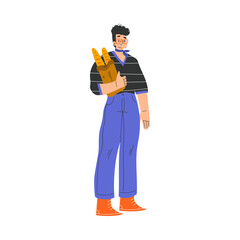 Typical French Man Character in Blue Pants Standing with Fresh Baked Baguette Vector Illustration