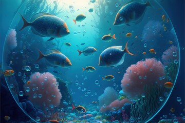  a painting of a group of fish swimming in a sea with corals and bubbles in the water and sunlight shining on the water surface.  generative ai