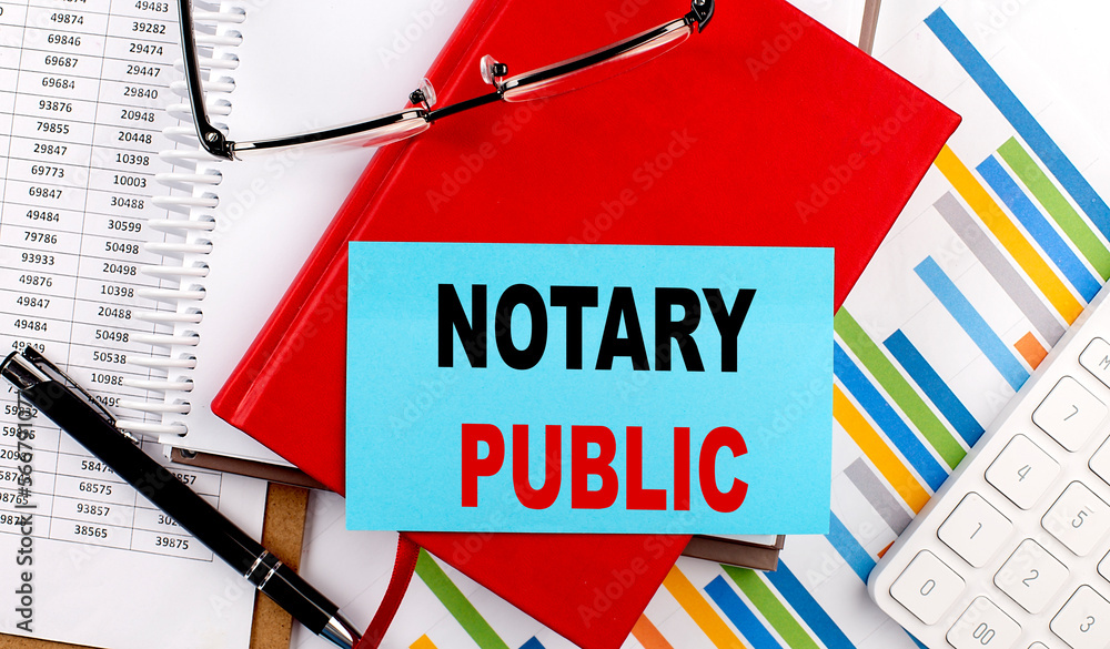 Aufkleber notary public text on sticky on red notebook on chart background