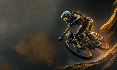 Woman in action dressed in gold equipment is off road mountain biking which is a sport of riding bicycles off road over rough aggressive terrain. Generative ai.