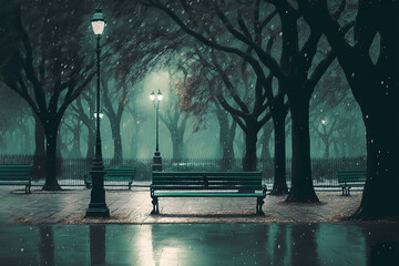  a park bench sitting under a street light next to a street light in the rain with a street lamp in the background and trees in the foreground.  generative ai