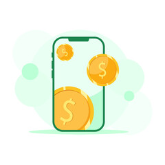 Mobile phone with gold coins, vector