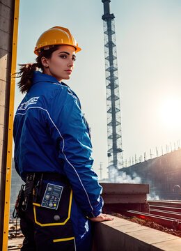 A Fictive person. Portrait of a woman in a hard hat standing on a platform next to a crane in the background, engineer at building site. Mature construction manager. Generative AI