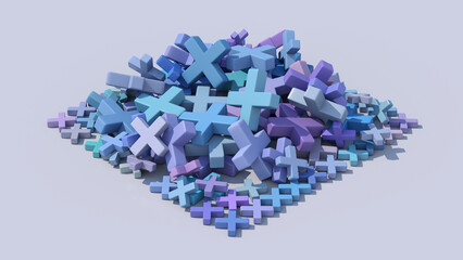 Fototapeta premium Group of blue, purple cross shapes. Abstract illustration, 3d render.