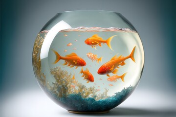 Naklejka na ściany i meble a fish bowl filled with goldfish and bubbles of water on a gray background with a blue bottom and bottom part of the bowl is empty. generative ai