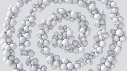 Spiral with white balls. Abstract monochrome illustration, 3d render.