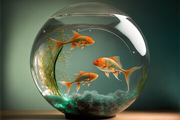 Naklejka na ściany i meble a fish bowl with goldfish in it on a wooden table with a green background and a blue wall behind it and a light green wall behind it. generative ai
