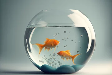 Fotobehang  two goldfish in a bowl with bubbles of water on the bottom of the bowl, with a light blue background behind it, and a gray background.  generative ai © Anna