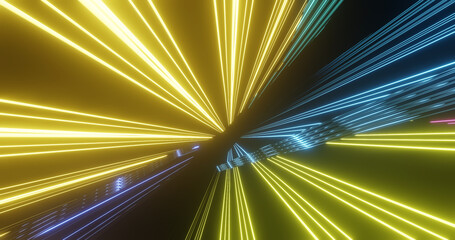 Render with neon yellow and blue lines converging towards perspective