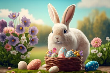 Fototapeta na wymiar Easter bunny delivering eggs in a basket, Generative AI