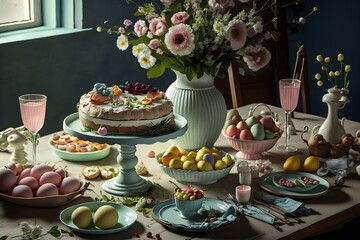 Obraz na płótnie Canvas Easter brunch with a festive spread of food, Generative AI