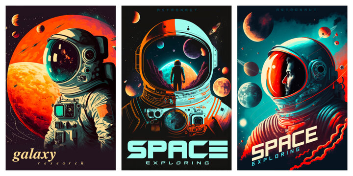 Galaxy and space exploration vector retro posters with glitch effect. AI. Illustrations of astronaut, galaxy, planet, moon, space, poster. 