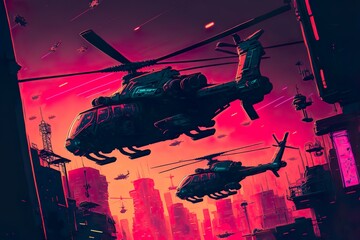 Helicopters fly over the city. Cyberpunk style illustration. Created with Generative AI technology