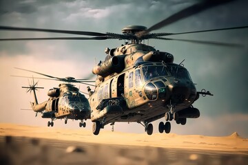 Fototapeta na wymiar Military helicopters are flying. Army helicopters on a mission. Delivery of helicopters from allies. Created with Generative AI technology