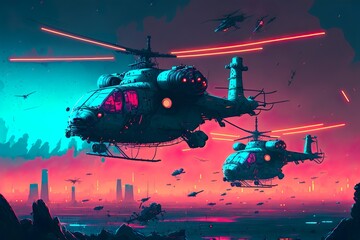 Many helicopters fly over the night city. Cyberpunk style. Designer illustration. Art. Created with Generative AI technology