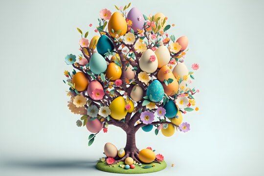 Easter tree decorated with eggs and flowers, Generative AI