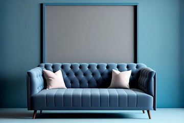 Contemporary Coziness: Horizontal Mock-up Poster with a Tufted Sofa against a Blue Wall