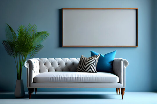 Contemporary Coziness: Horizontal Mock-up Poster with a Tufted Sofa against a Blue Wall Background