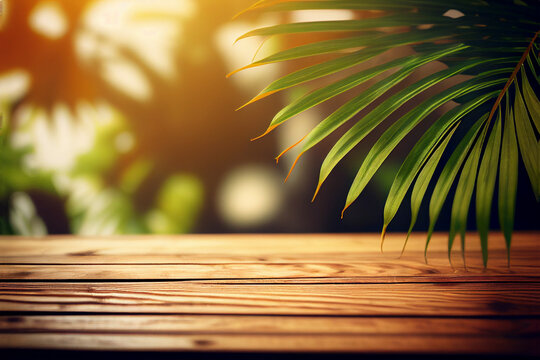 Rustic empty wooden table and blured palms and sunset for product and merchandise display. Generative Ai image illustration.