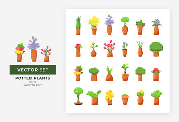Potted plants collection vector illustration set. various decorative flower plants home and garden decoration fully editable colorful vector isolated eps10.
