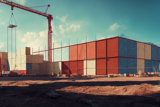 Long Hoarding With Empty Space For Mock Up On Construction Site Red Crane And Blue Sky Background. Generative AI