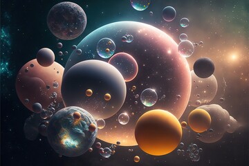 Obraz na płótnie Canvas a bunch of bubbles floating in the air next to a space station with planets and stars in the background, with a black background with a blue and yellow border. generative ai