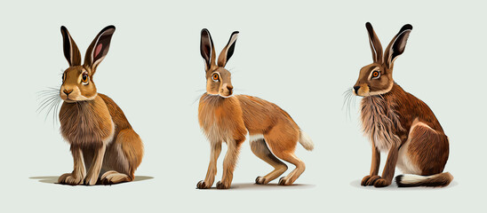 Watercolor set of cute hares animal isolated on color background. Watercolor sketch of an animal. Wild animal. Graphics for fabric, t-shirt, postcard, greeting card, book, poster, sticker. Vector 