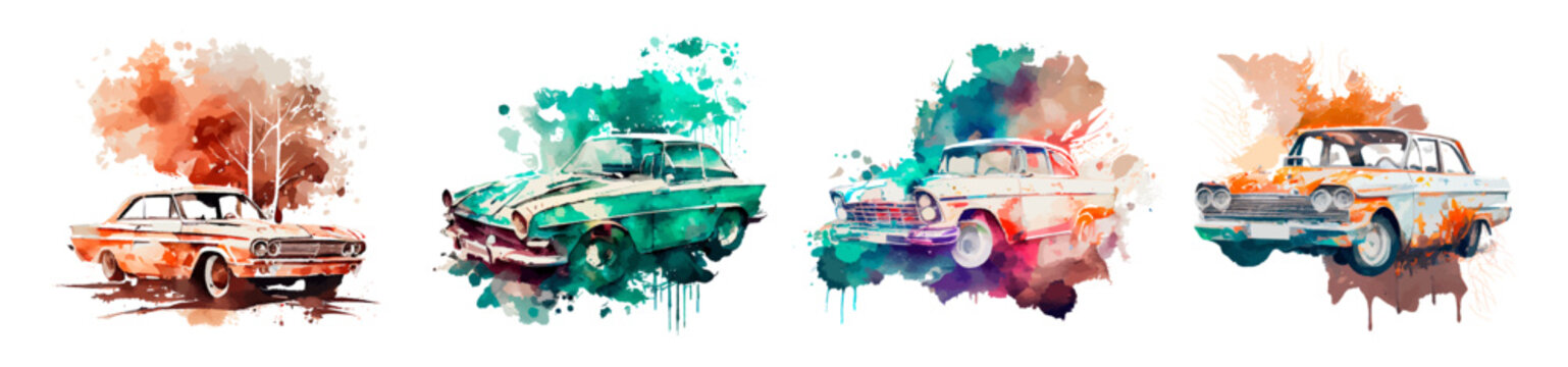 Colorful watercolor cars set illustration. Multicolored bright splashes, textures, dots. Vintage retro car. Fashion design for t-shirt, poster, merch. Vector car background