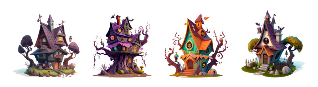 Colorful cartoon set of witch or warlock house isolated on white background. Fairy tale witch's hut, computer game background. Design for cartoon, book, game. Vector illustration