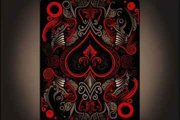  a red and black playing card on a black background with a red and white design on the back of it and a black background with a red and white design on the front.  generative ai