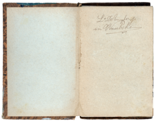 vintage old open book - double discolored pages with handwritten text - isolated on transparant background