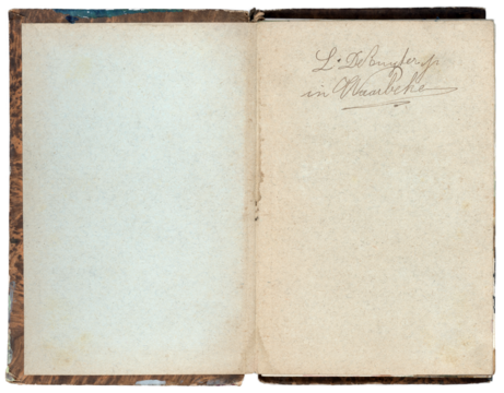 vintage old open book - double discolored pages with handwritten text - isolated on transparant background