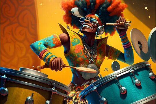 Carnival music played on drums by colorfully dressed musicians. Generative AI.