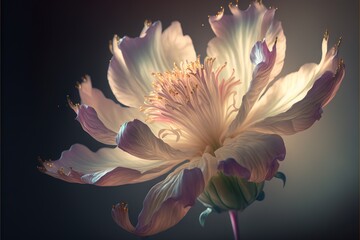  a large white flower with pink petals on a black background with a yellow center in the center of the flower and a green center in the middle of the flower.  generative ai