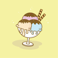 illustration of isolated an ice cream with glasses and chocolate sticks on yellow background