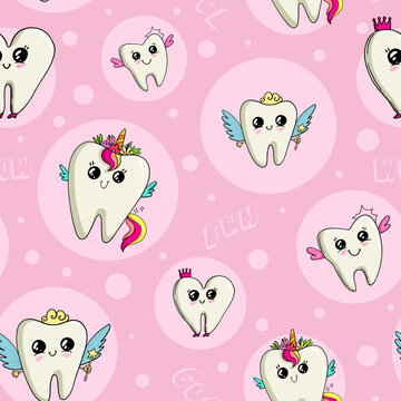 Abstract seamless girlish pattern with tooth unicorn, cupid, princess and endless bubble pink background. Cartoon tooth repeat print for dental clothes, medical fabric, wrapping paper. Girls ornament