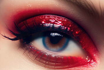 Beautiful female eye with red eyeshadow.