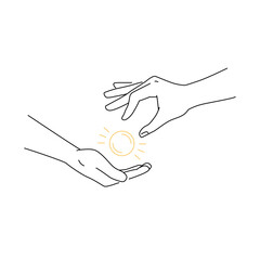 A vector illustration in which a person gives a coin to another's hand. The concept of charity and helping the needy. Showing kindness, providing financial assistance. Logo for a charity organization.