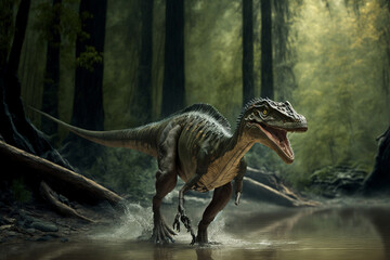 dinosaure dans une forêt primaire - illustration ia