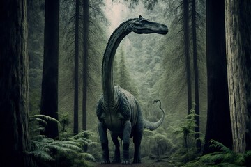 Naklejka premium dinosaure dans une forêt primaire - illustration ia