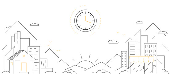 Vector illustration of a cityscape with buildings, shops, skyscrapers and a big clock in the middle. Outlined cityscape illustration representing concept of urban bustle, living town, orderly life.